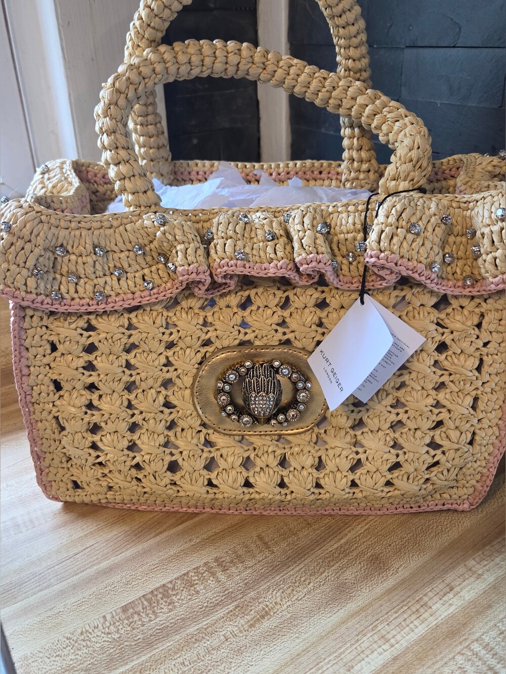 Kurt Geiger Straw Crochet Tote with Pink Trim and Gold Hardware - Picture 8 of 8